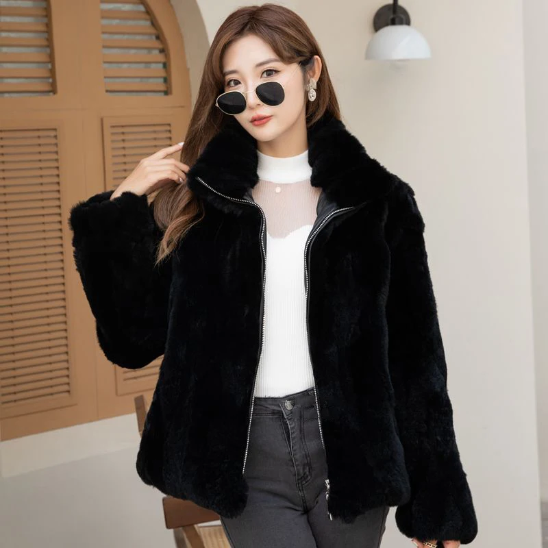 Manteau de Luxe en Fourrure de Lapin Rex pour Femme, Veste d'Hiver Chaude, Style Moyen Long