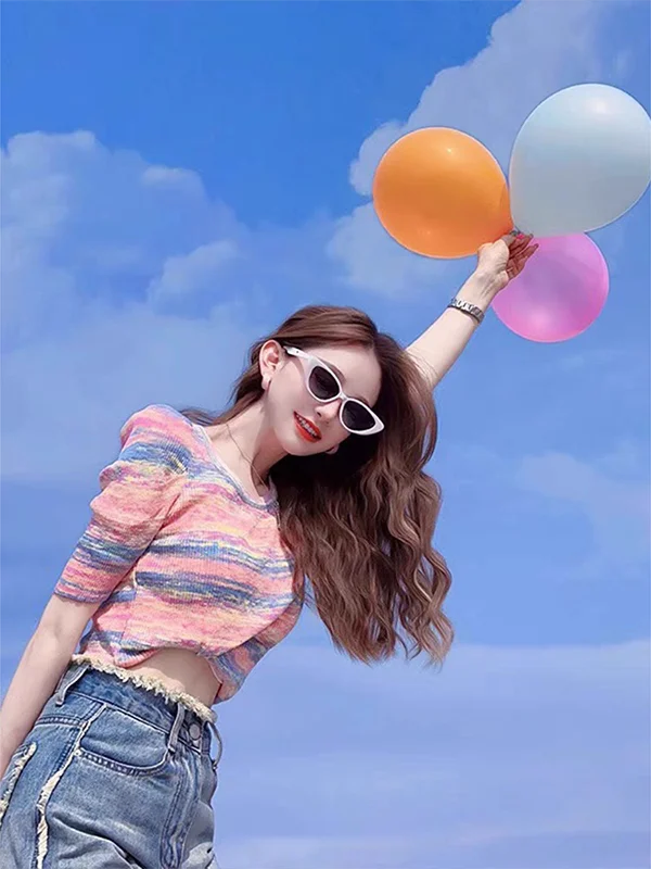 

Elegant Women's Fashion Spring 2026 Ice Silk Knitted Stripe Short Sleeve T-Shirt High-End Versatile Commute Style round Neck