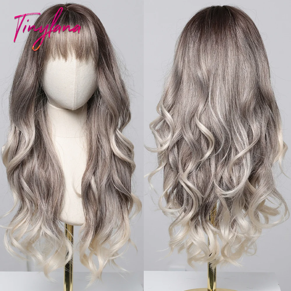 

Silver Gray Blonde Ombre Long Wave Synthetic Wigs with Bangs for Women Afro Lolita Cosplay Wig Daily Natural Hair Heat Resistant