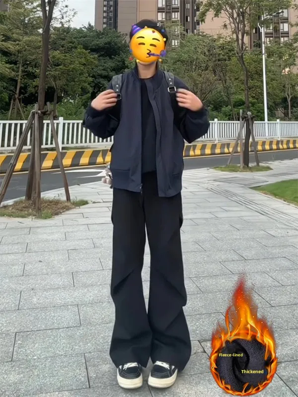 

Cleanfit Bla Pleated Thiened Fce Wide Leg Pants Men's Autumn Winter Casual Drapey Trousers Trendy Youth Polyester Blend