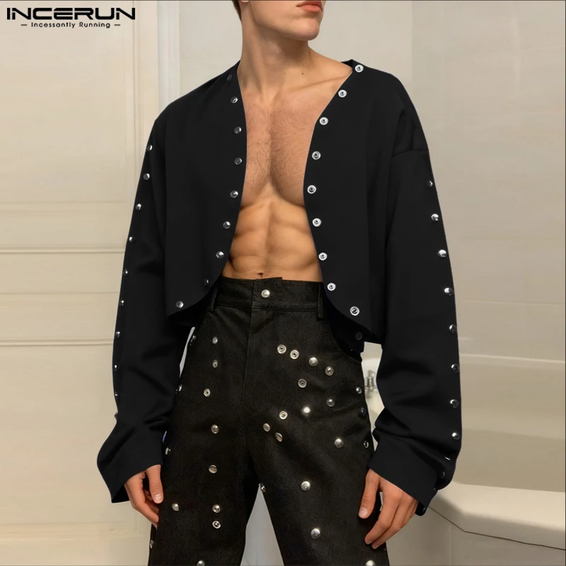 INCERUN Men Shirt Solid Color Lapel Long Sleeve Button Crop Tops Men Streetwear Loose Fashion Casual Men Clothing Shirts S-5XL