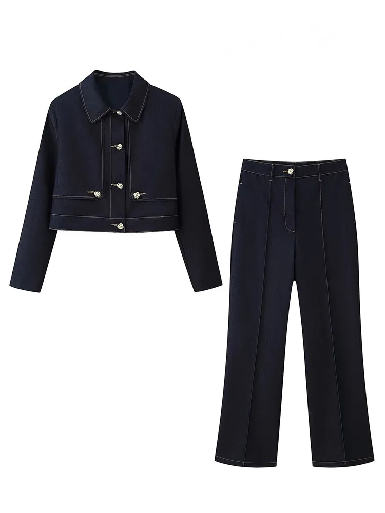 HH Cappotto a maniche lunghe con risvolto e tasche monopetto moda donna + set da 2 pezzi in denim solido con cerniera sottile in vita elastica estiva