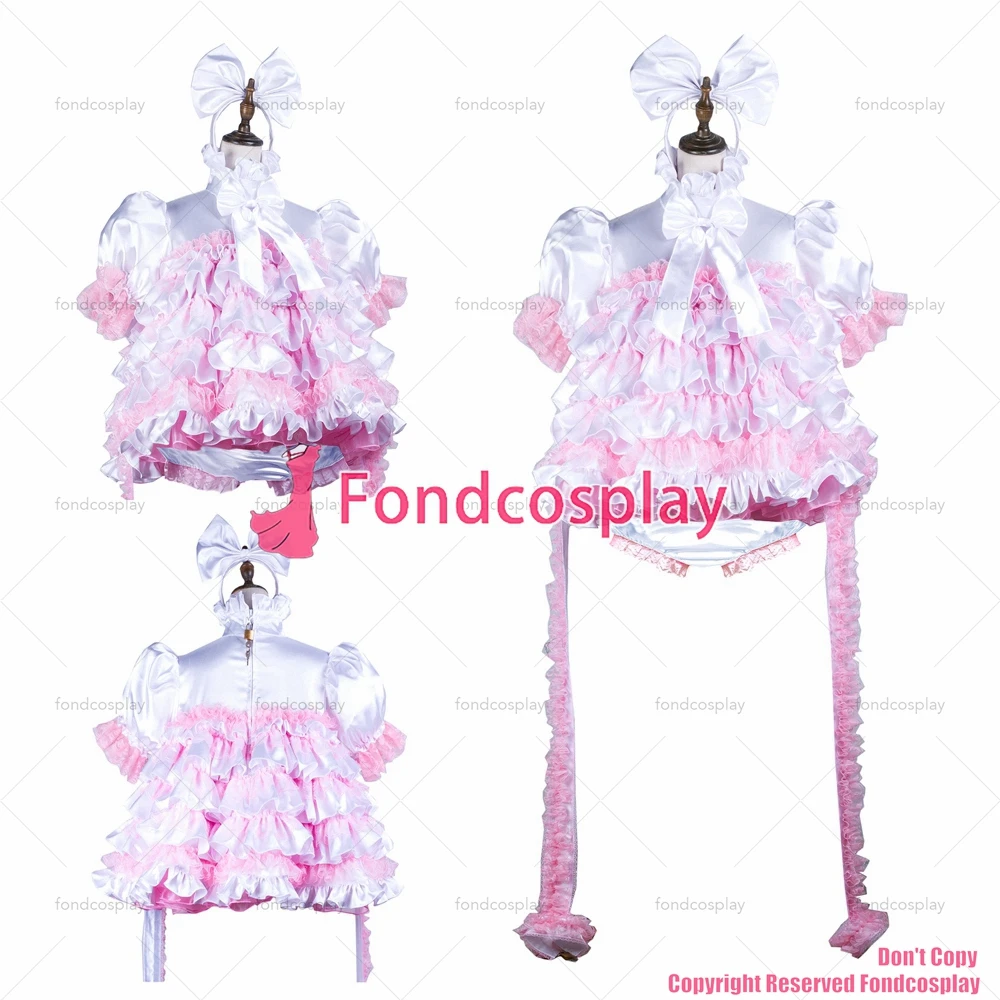 fondcosplay adult sexy cross dressing sissy maid short white satin dress lockable Uniform panties Handcuffs CD/TV[G3727]