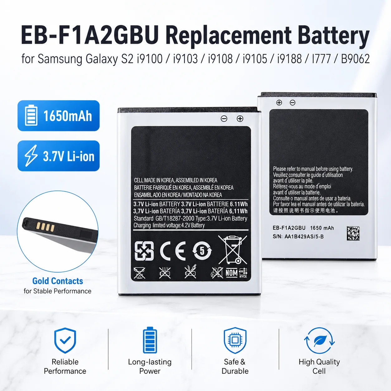 

EB-F1A2GBU Replacement Battery for Samsung Galaxy S2 i9100 i9103 i9108 i9105 i9188 I777 B9062, 1650mAh Li-ion Phone Battery