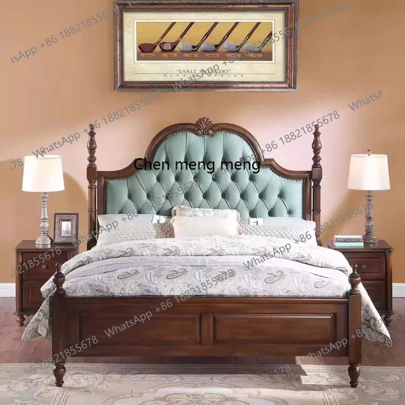 

American rural solid wood, simple European retro wedding bed soft bag backrest double R