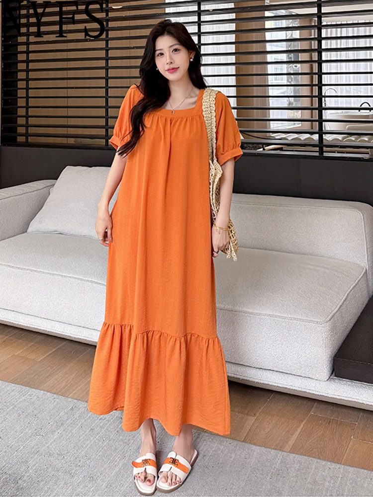 NYFS فستان صيفي 2025 النمط الكوري المرأة فضفاضة حجم كبير كم قصير القطن الكتان فستان طويل رداء Elbise #1