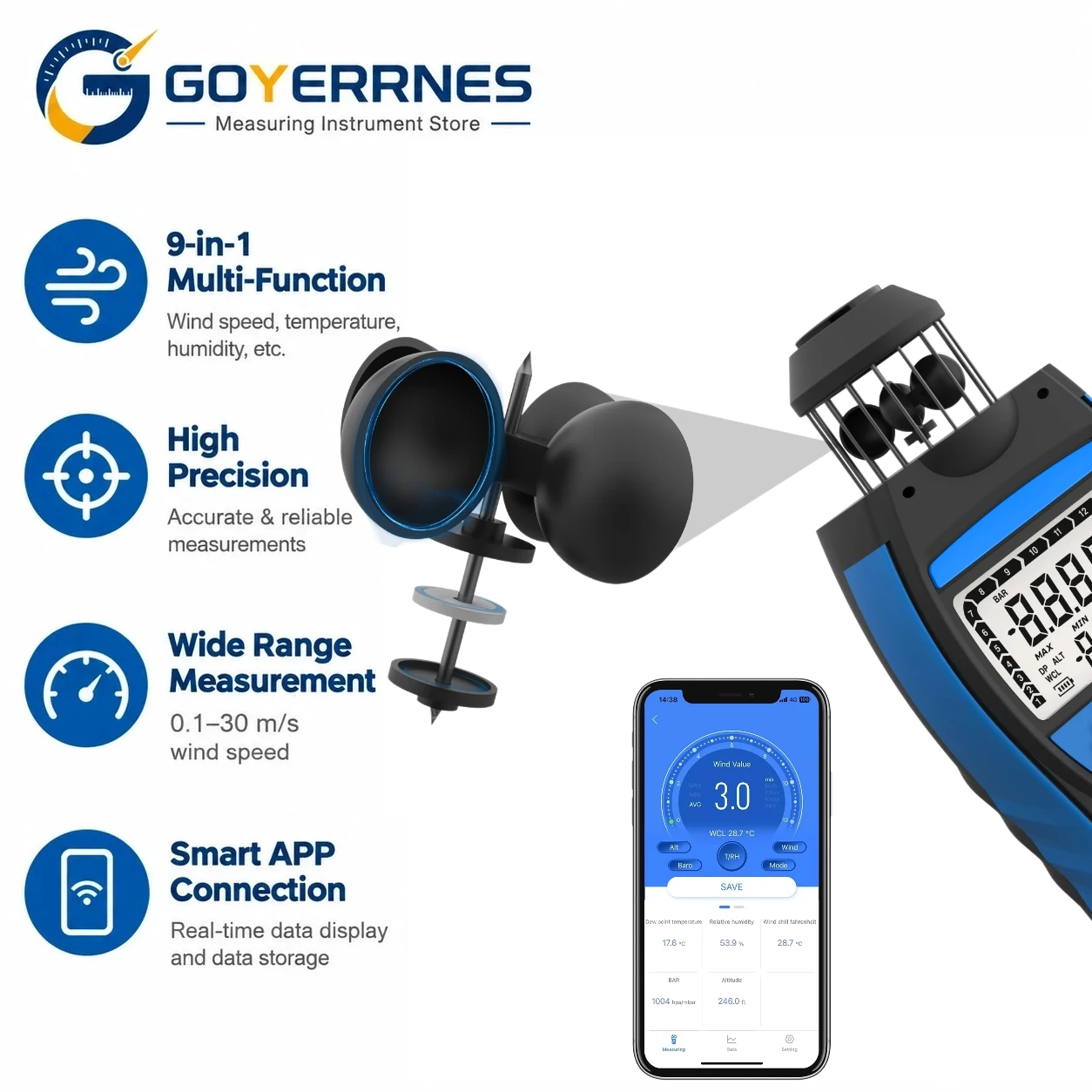 Digital Anemometer Wind Speed Meter Tester Bluetooth APP Altitude Barometric Pressure Gauge for HVAC Outdoor Industrial