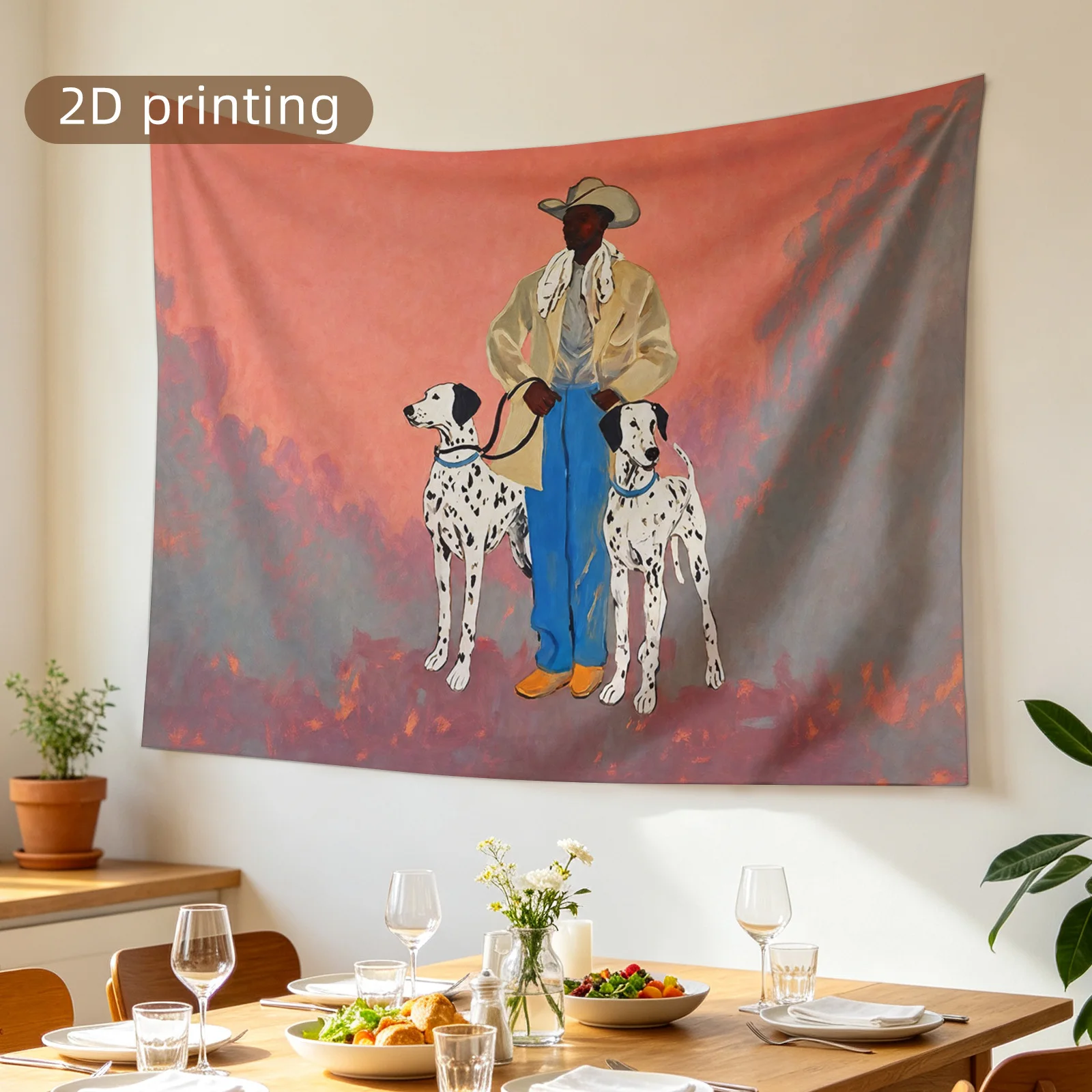 Large Boho Tapestry Wall Hanging Dog Duo Art Ethnic Man Pet Portrait Bohemian Textile Polyester Print for Living Room Home Decor