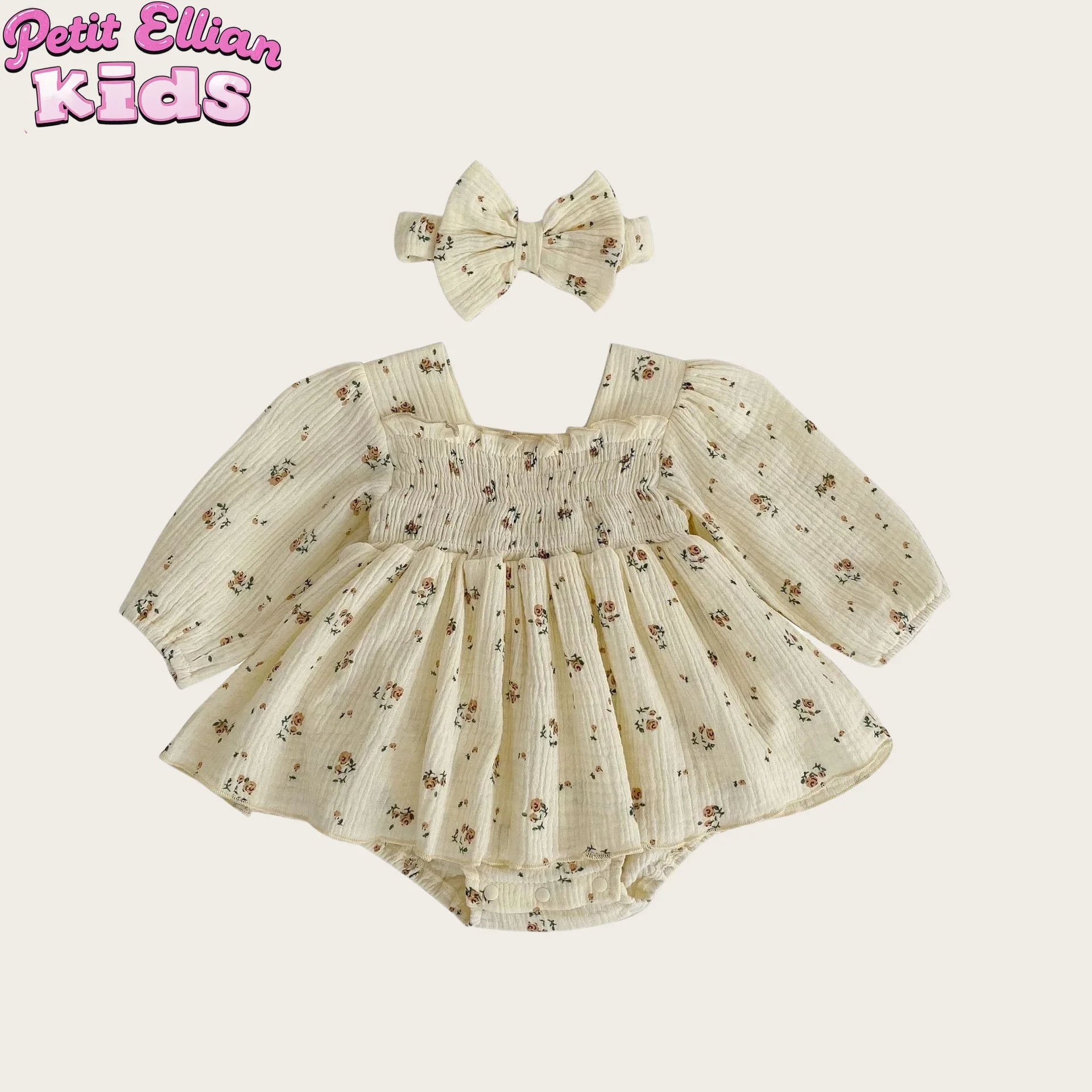 

Adorable Baby Girls' Cotton Double Layer Gauze Floral Romper Dress with Matching Headband - Perfect for 0 - 2 Y Baby Dress