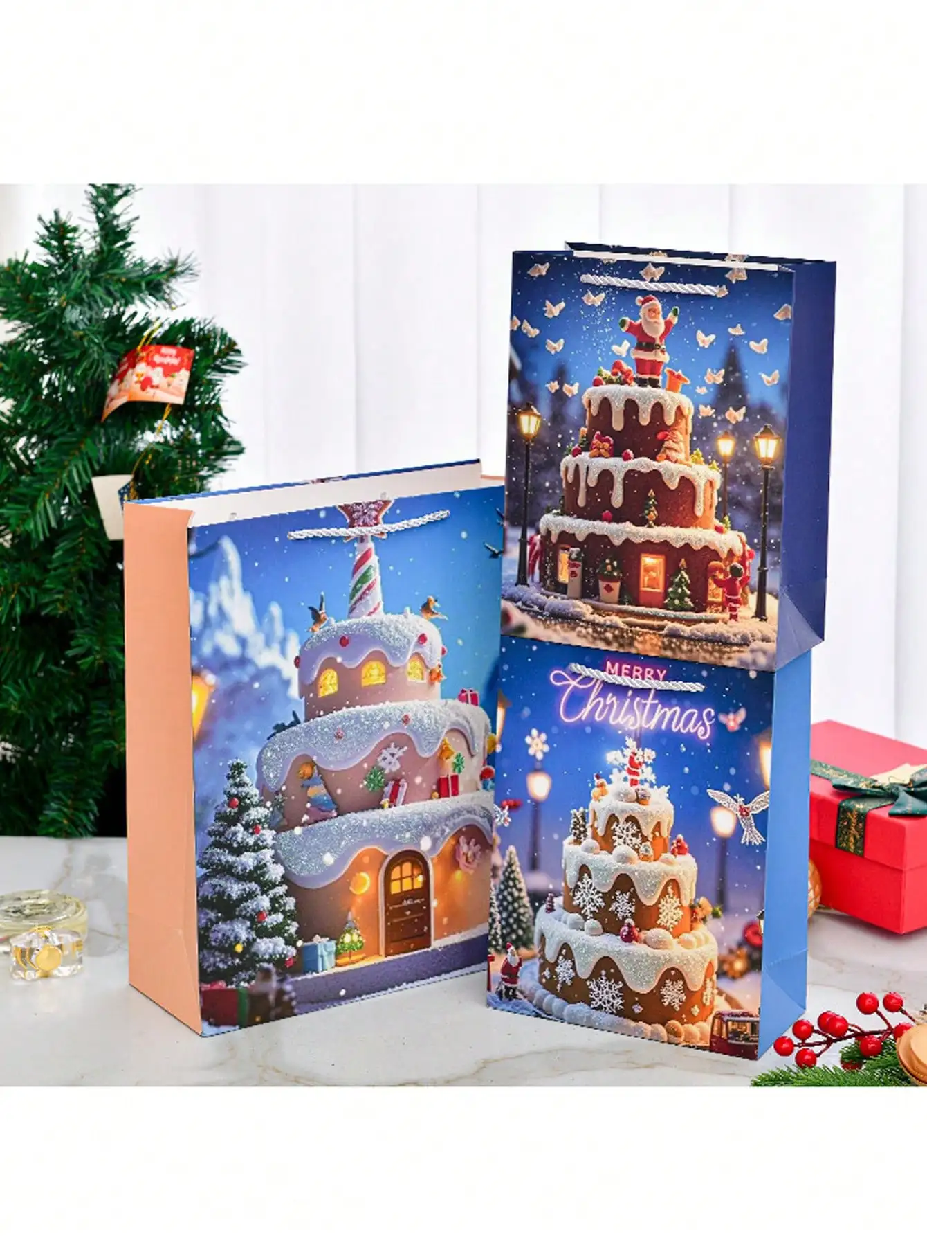 ถุงของขวัญกระดาษสุขสันต์วันคริสต์มาส 4 ชิ้น ลายซานต้าเกล็ดหิมะสำหรับห่อของขวัญงานปาร์ตี้