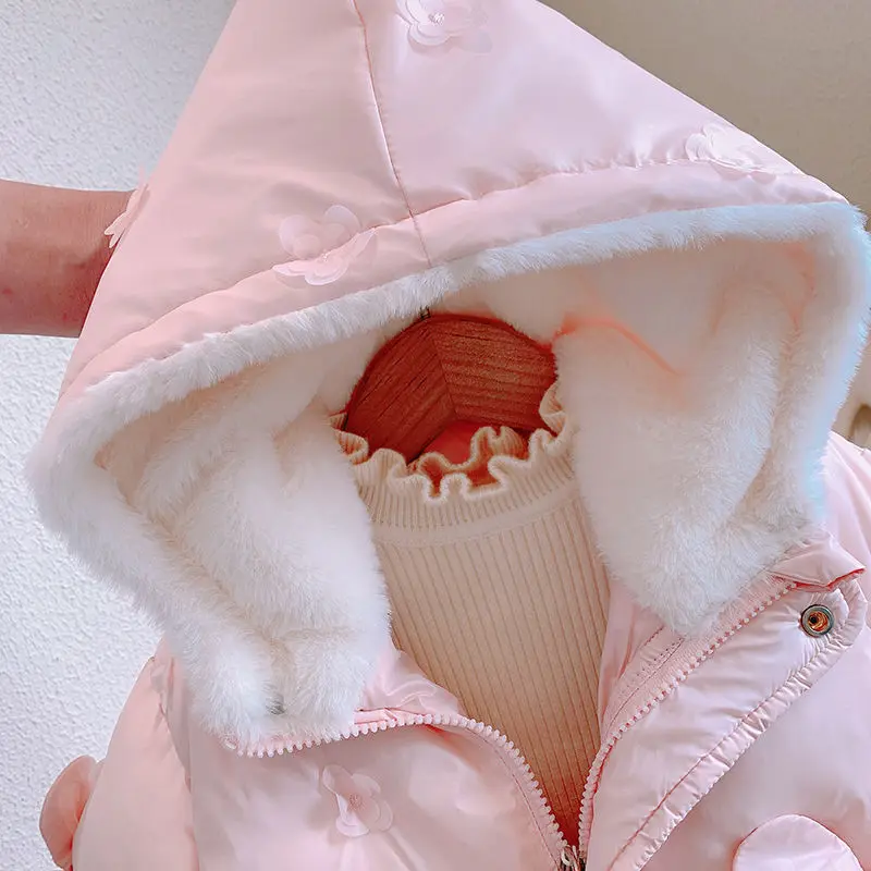 Girls\' Winter Jacket Cotton Coat Sweet Baby Princess Warm Lovely Hooded Bow Short Parka Children\'s Fashionable Thickened Outwear