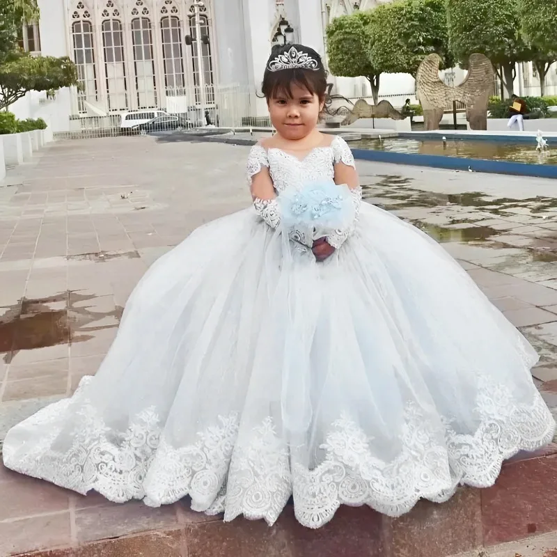 Vestido azul claro da menina flor do laço, Appliqued Puffy mangas compridas, casamento, festa de aniversário, vestido sagrado da primeira comunhão, feriado