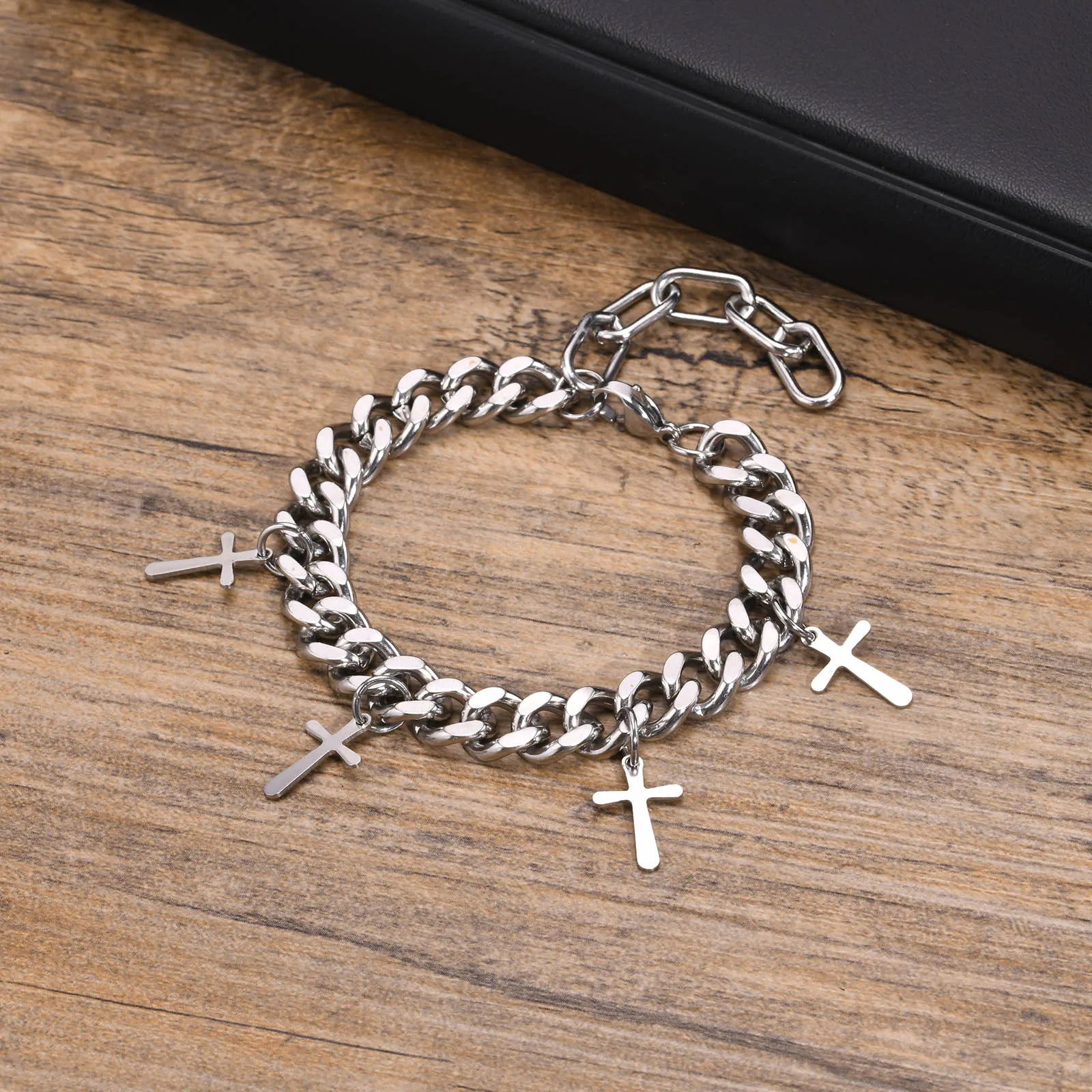 Mprainbow Mens 9MM Cuban Chain Bracelets, Waterproof Stainless Steel Link Chain Wristband with Cross Charm Gifts for Him Jewelry image 4