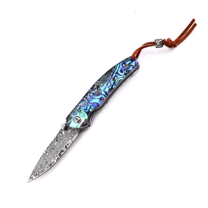 Damascus steel color shell folding knife Outdoor knife mini folding knife portable camping self-defense knife fruit knife