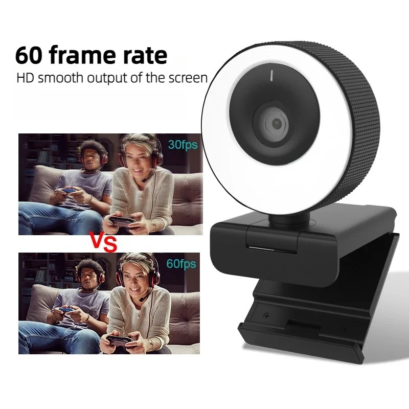 60FPS 1080P HD Webcam with Ring Fill Light for PC Video Conferences Live Broadcast Adjustable Perspective USB Computer Camera