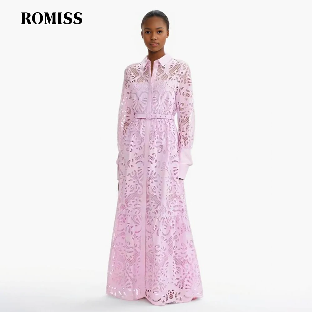 ROMISS Solid Embroidery Maxi Dresses For Women Lapel Long Sleeve High Waist Patchwork Lace Up Single Breasted Dress Female New