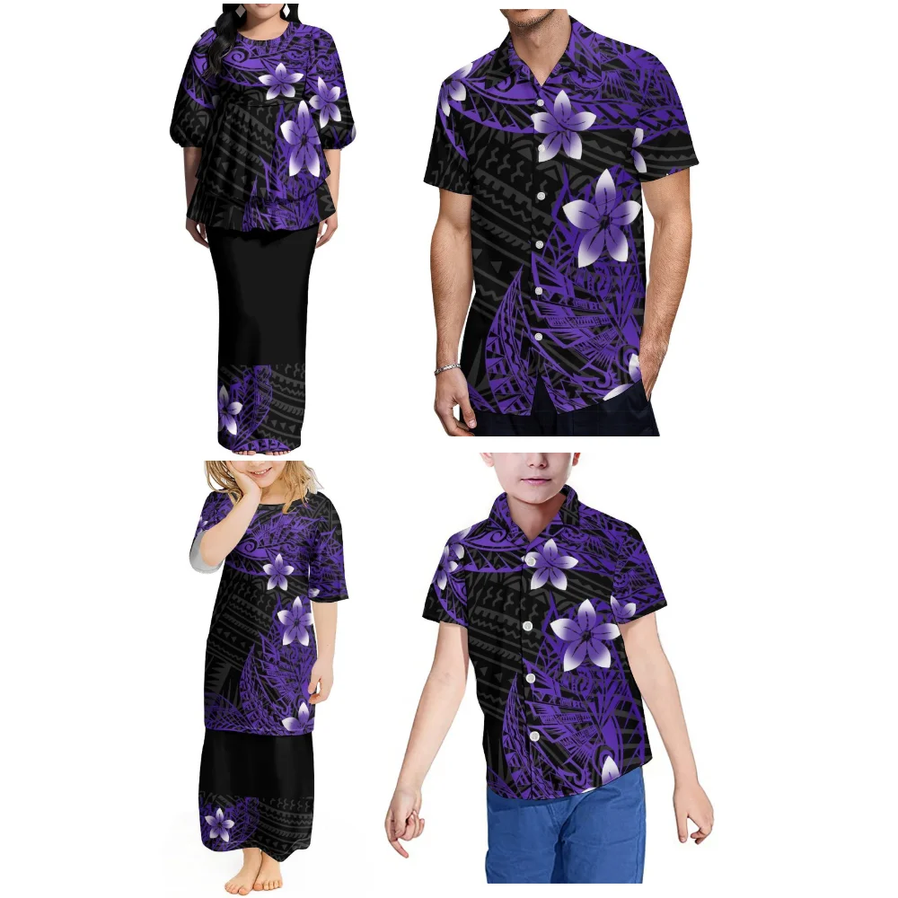 High Quality Custom Family Outfit Round Neck Bubble Sleeve Double Hem Puletasi Women Suit Skirt Polynesia Men Casual Shirt