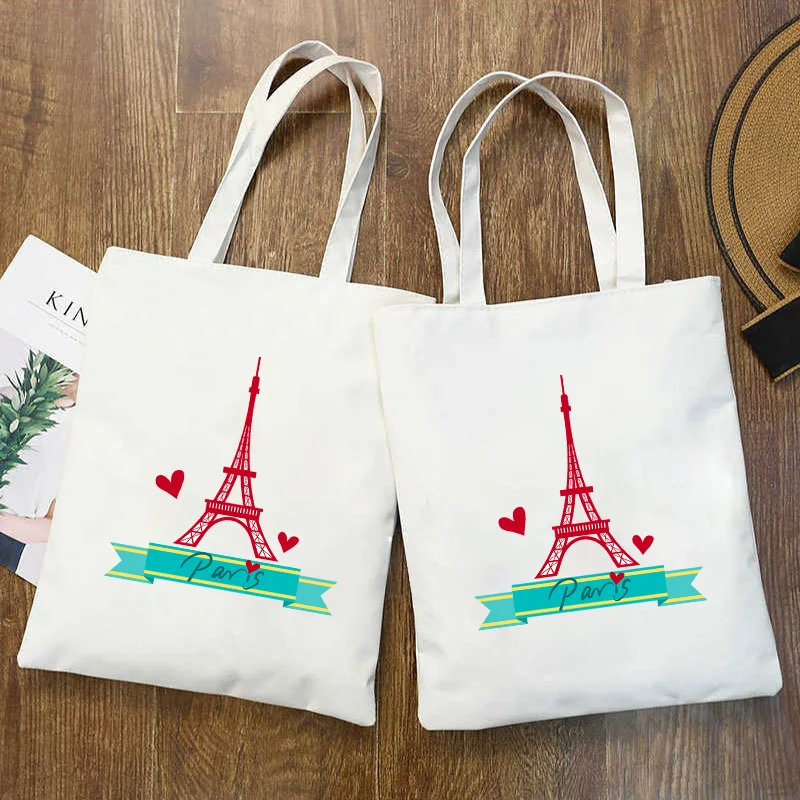 Canvas Casual Tote Bag for Women Cartoon of the Paris Tower in France Print Shopping Cloth Bag Student Handbags Market Ecobags