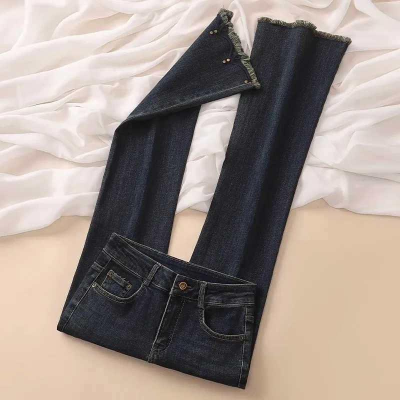 Cimento cinza jeans feminino primavera outono 2025 novo elástico de cintura alta queimado calças retro versátil borla borda crua