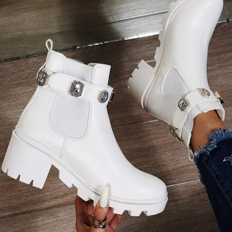 New Women Ankle Boots Crystal Rhinestone Slip On Platform PU Leather Women\'s Booties Spring Autumn Females Footwear2021