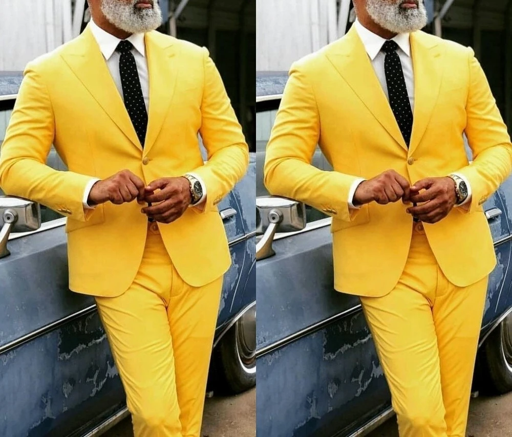 

Yellow Men Suits Formal Business Peak Lapel Prom 2 Pcs Wedding Groom Tuxedos