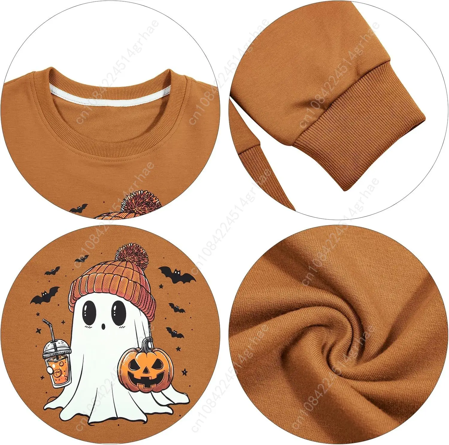 Bluzy na Halloween ASTANFY dla kobiet, koszulki z długim rękawem z motywem ducha i dyni, graficzne t-shirty dla miłośniczek kawy, jesienne, upiorne bluzy.