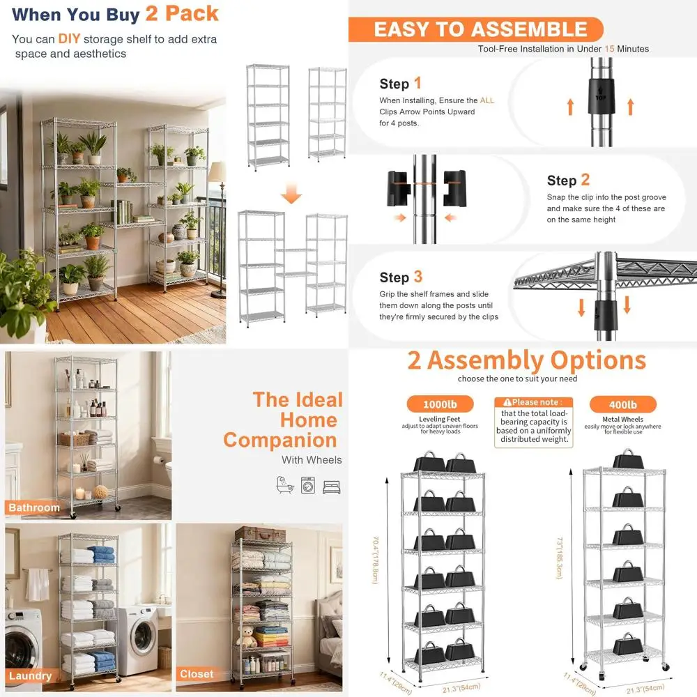 

6-Tier Adjustable Metal Shelving Unit with Lockable Wheels, 21.3W x 11.4D x 73H, Ideal for Storage in Tight Spaces, Laundry, Bat