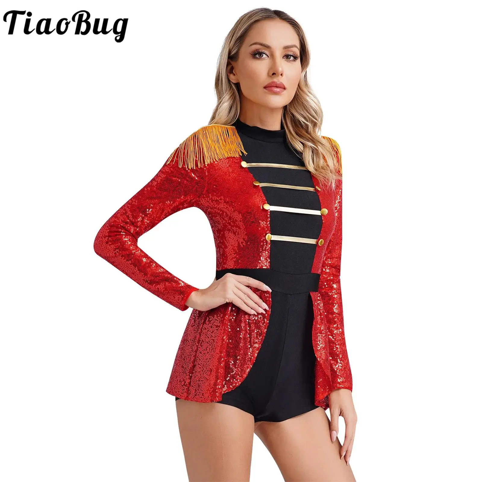 

Women's Circus Costume Circus Director Long Sleeve Sequins Body Jumpsuit with Tassels Halloween Christmas Ringmaster Costume