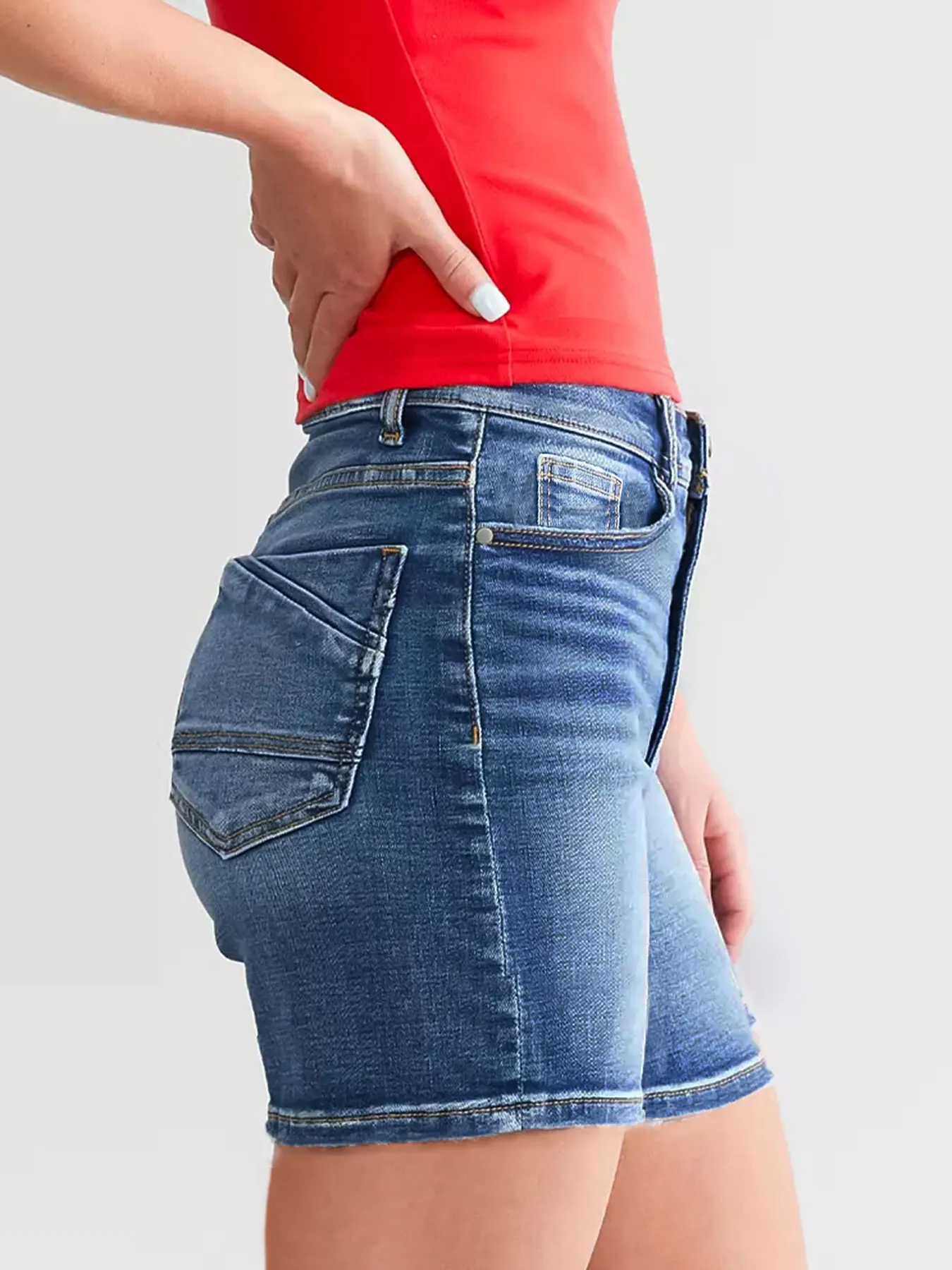 レディース ラスシウス カーヴィー デニム ショーツ ミッドライズ ブリング＆ベルト付き インスタストレッチ ジュニア