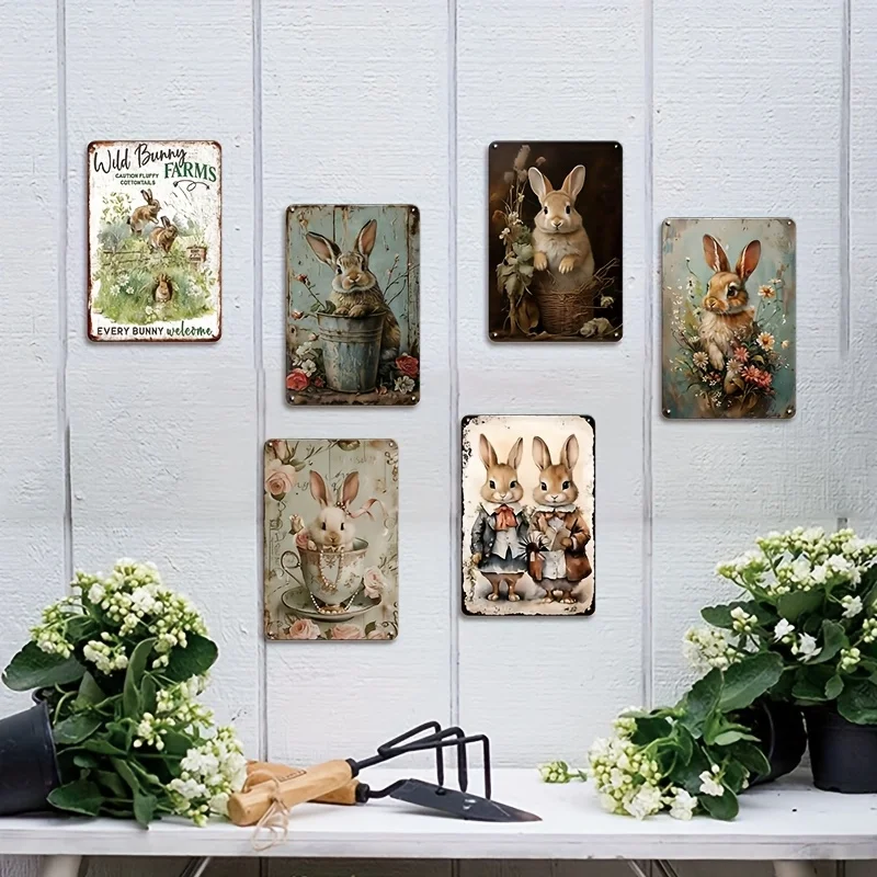6pcs Retro Rabbit Couple Easter Metal Tin Sign Set, Farmhouse Style Cafe Kitchen Wall Decor, Vintage Bunny Poster Hanging Art, H