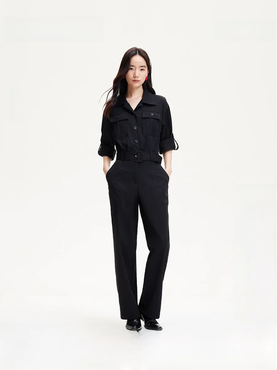 

Women's Casual One-Piece Suit Belted Waist Slimming Commuter Versatile High Waist Long Pants Polyester Fiber