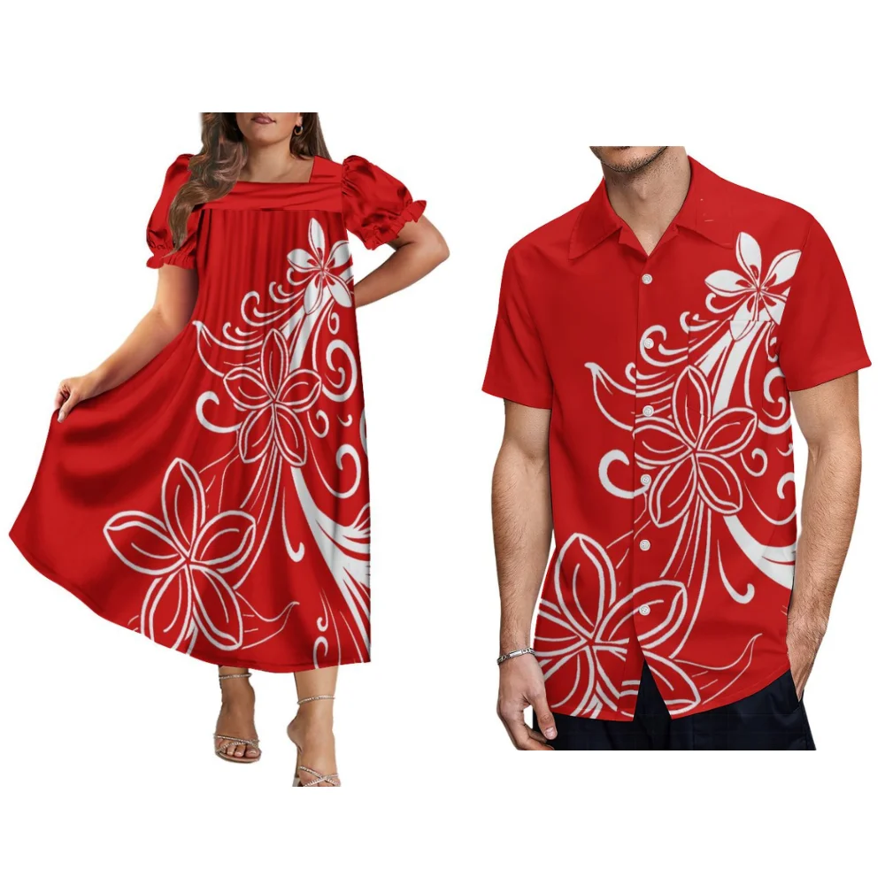 Polynesian Island Dress Mumu Maxi Dress With Puffed Sleeves For Women And Hawaiian Men'S Shirt Samoa Plus-Size Couple Suit