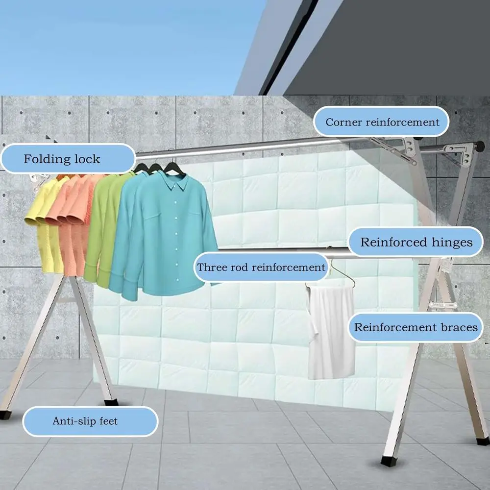 Adjustable Outdoor-Friendly Stainless Steel Folding Laundry Drying Rack with 3 Rods, Extendable up to 240cm/95in