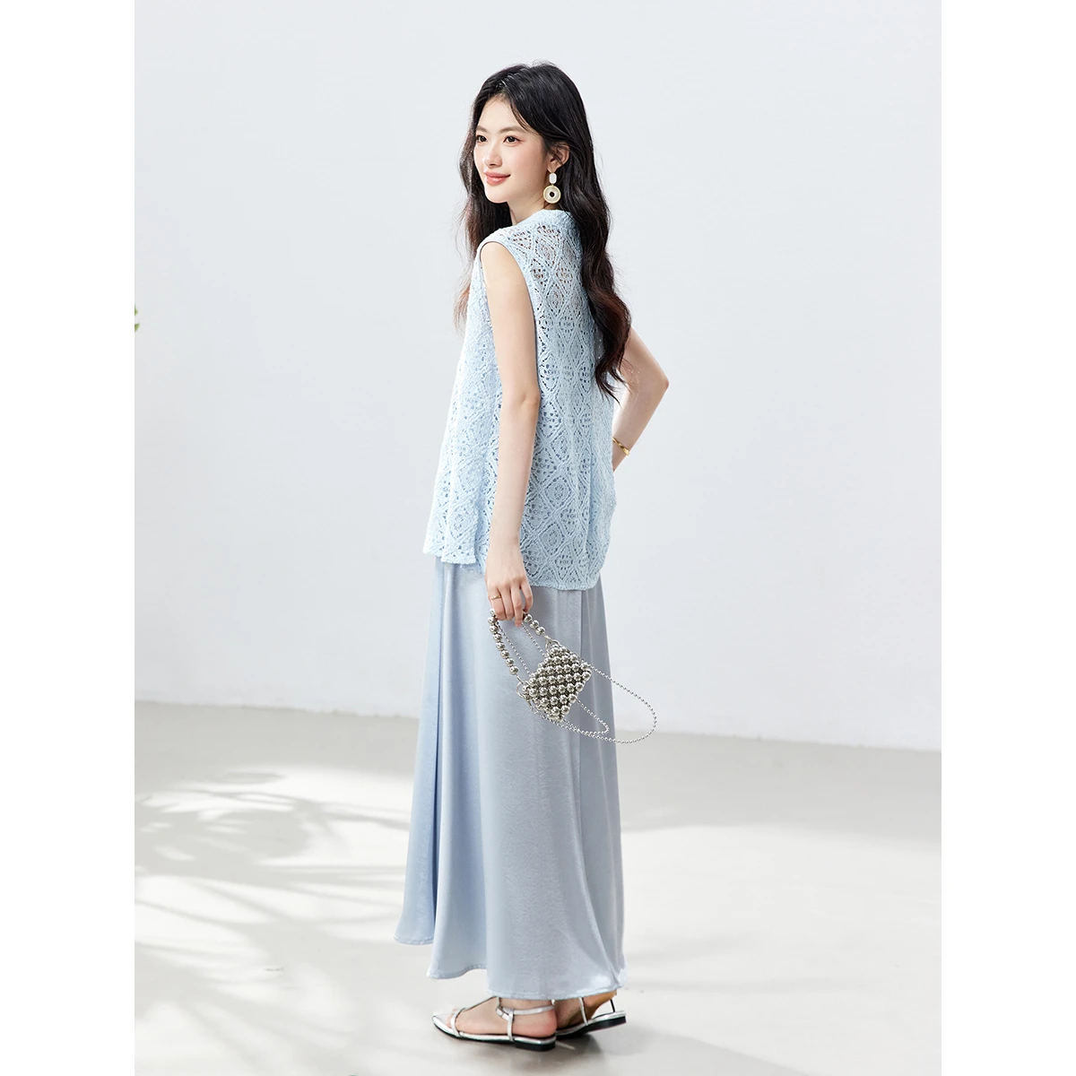 VIMLY Elegant Women's Dress Two-piece Set Heavy Cutout Crochet Sleeveless Top Satin Slip Dress Light Blue Summer Outfits 30960 view 2