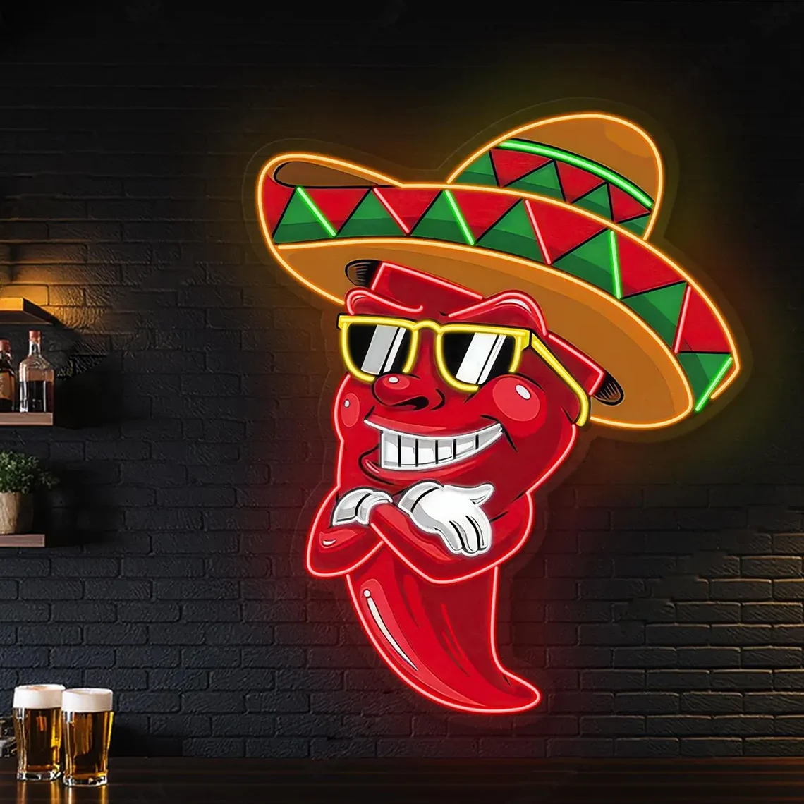 Letrero de neón Sombrero Chili Pepper, neón de chile fresco, decoración de pared de mascota de chile picante, neón de chile a todo color, letrero de neón de negocios