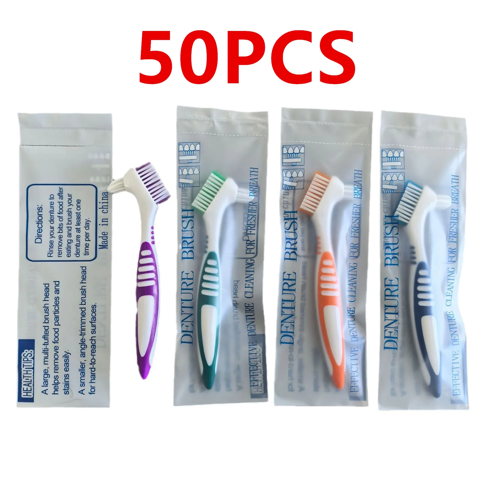 50pcs Denture Toothbrushes Cleaning Brush Double Sided Toothbrush with Multi-Layered Bristles and Rubber Anti-Slip Handle