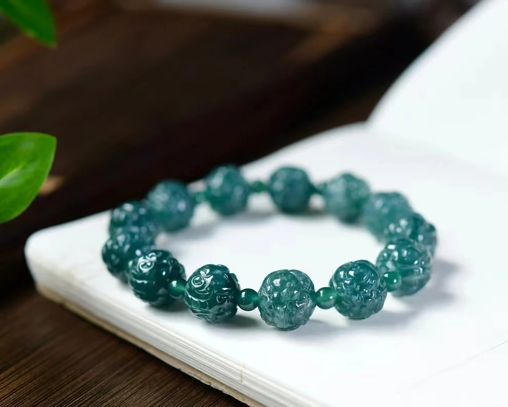 Natural Green Jade A Carved Round Beads Bracelet Pendant 12.6mm Women Natural Gemstone Rare Jade A Crystal AAAAAA