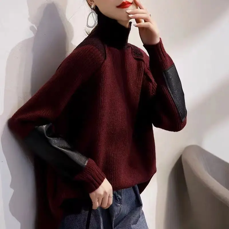 Vintage Turtleneck Knitted Jumpers Casual Patchwork 2024 Autumn Winter Korean Loose Women\'s Clothing Contrasting Colors Sweaters