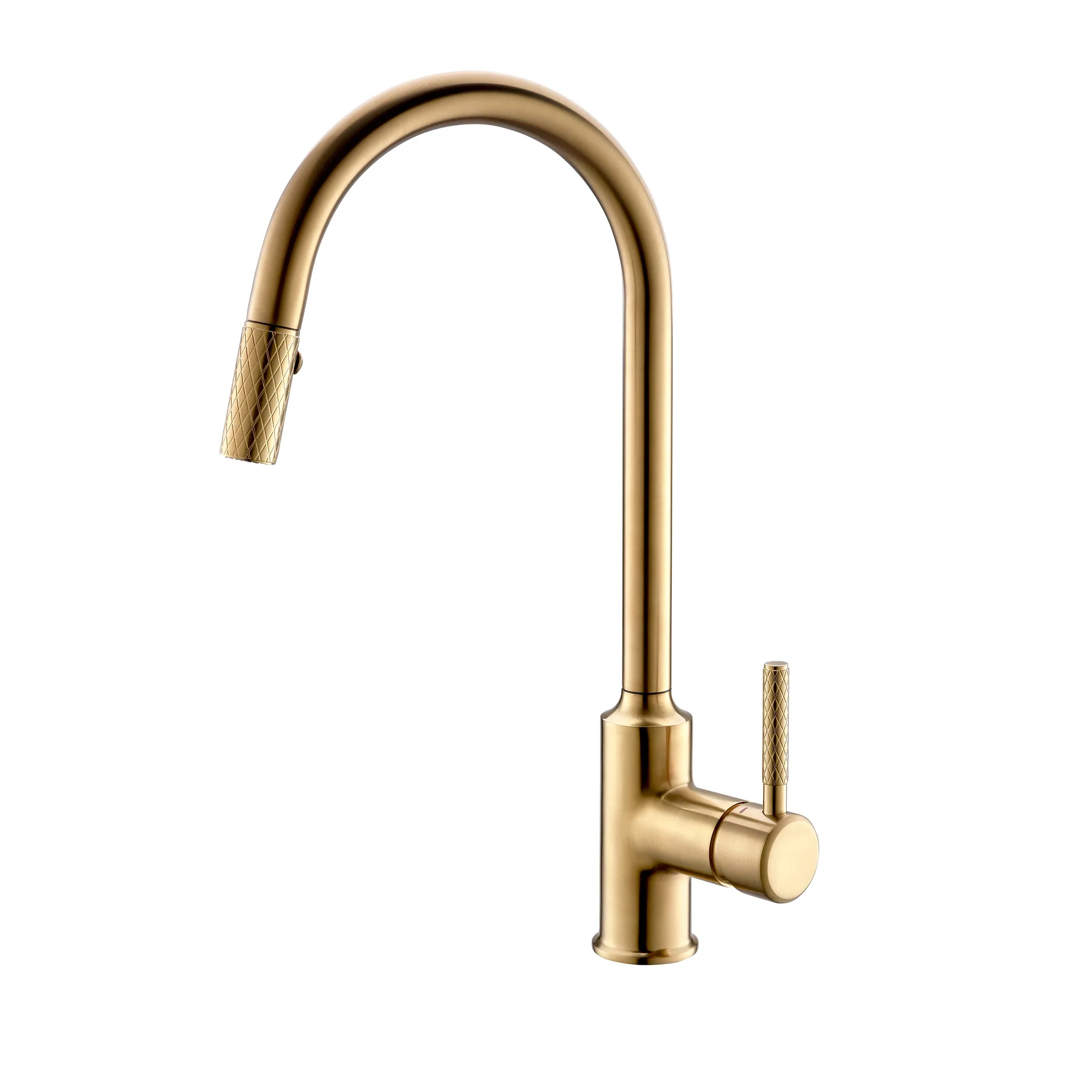 

simple brushed gold brass kitchen faucet with pull-out design, single handle cold & hot dual control 2-function sink Tap