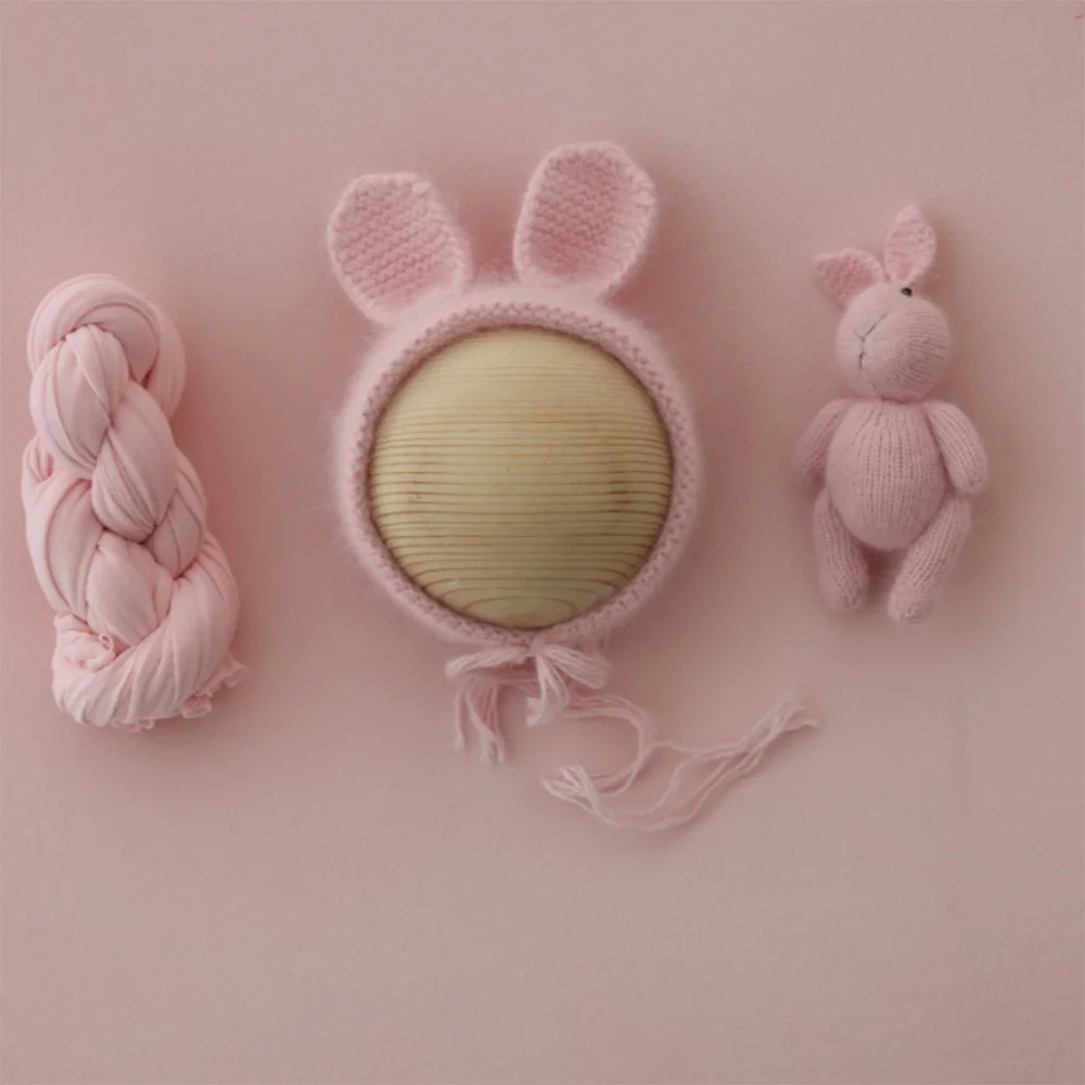 Newborn Wraps for Photography Cotton Soft High Stretchable Wrap Pink Knitted Hat With Ears Bunny Doll Studio Baby Shooting Props