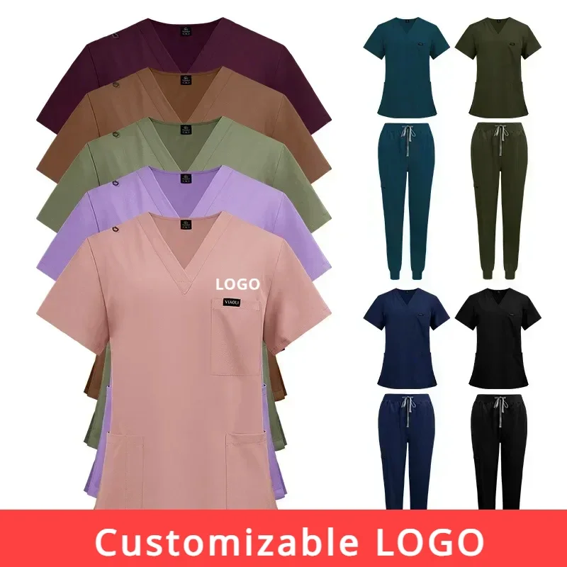 Customizable LOGO Nurse Surgical Uniform Woman Beauty Workwear Medical Scrub Set Stretch Clinical Scrubs Doctor Vet Nursing Suit