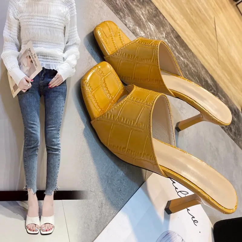 Plus Size 43 Summer Women Slippers Open Toe Stilettos Leather Square Toe Sandals Elegant Female High Heels Sandals and Slippers