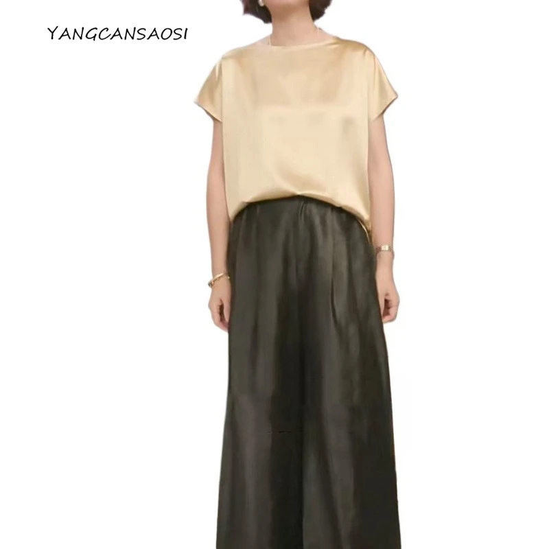 

2025 Women's Fashion Clothing 93%Natural Mulberry Silk Elastic Satin Champagne Round Neck Versatile Casual Short-sleeved T-shirt