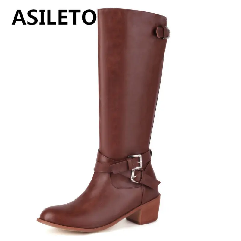 ASILETO Women Knee High Boots Round Toe Block Heels 5cm Zipper Belt Buckles Plus Size 45 46 47 48 Casual Female Knight Booties