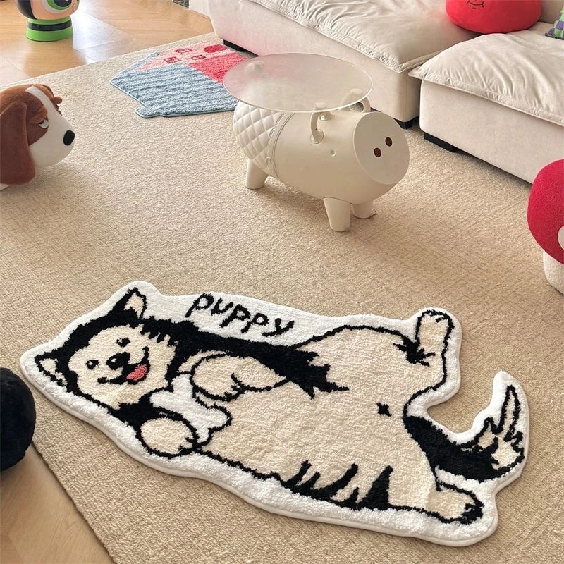 Cartoon Puppy Dog Flocked Thickened Rug Cute Non-Slip Bedroom Bedside Shaped Mat Soft Absorbent Home Floor Mat Decor