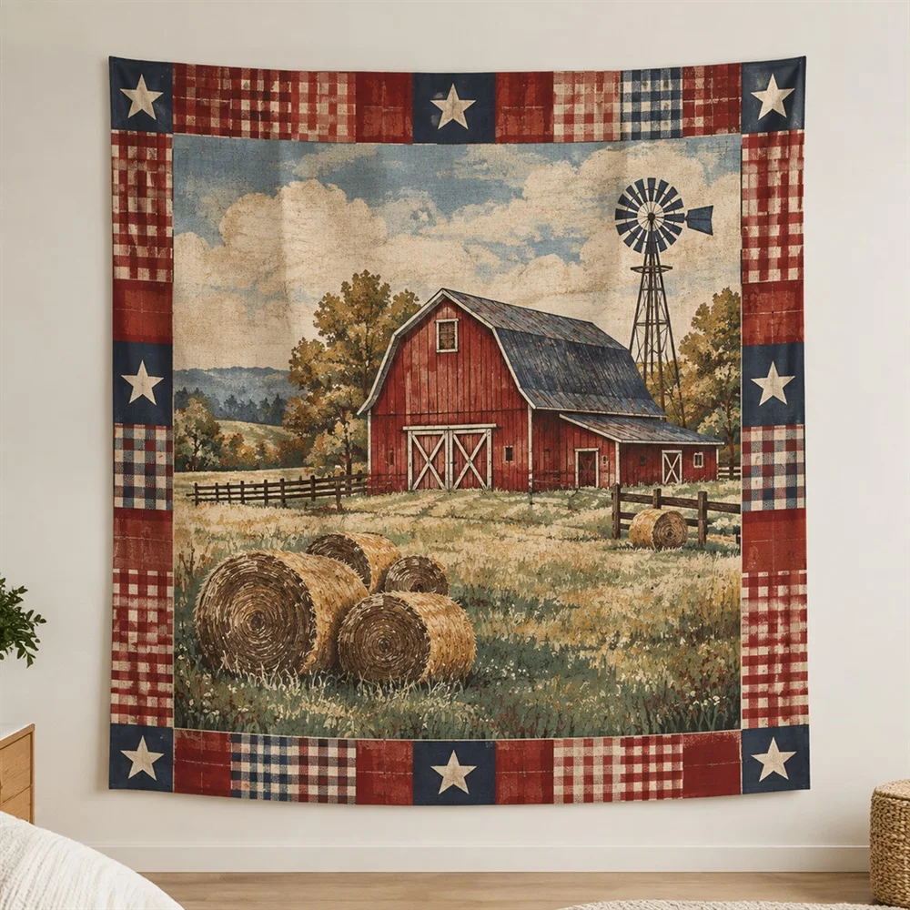 VIKAMA Red Barn Farm Clustered Groups Tapestry Wall Hanging, American Wall Decor Tapestries for Living Room Bedroom Kids Room