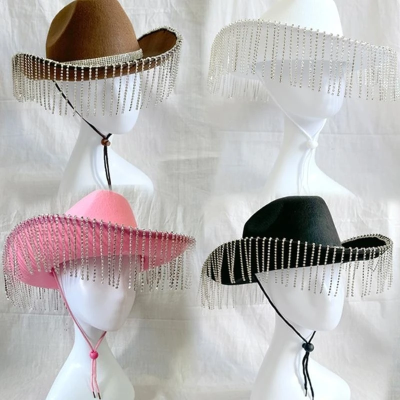 49MF Western Bride to Be Hat Cowboy Hat Glinting Crystal Cowgirl Hat with Strap