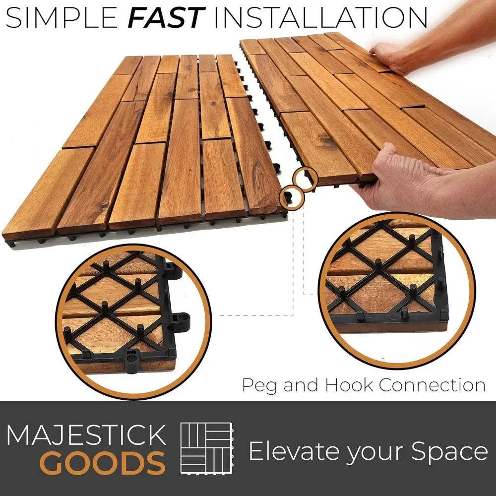 Interlocking Deck Tiles 24 x 12 Long Boards Snap Together Wood Flooring - Acacia Hardwood Outdoor Flooring for Patio(6 Pieces)