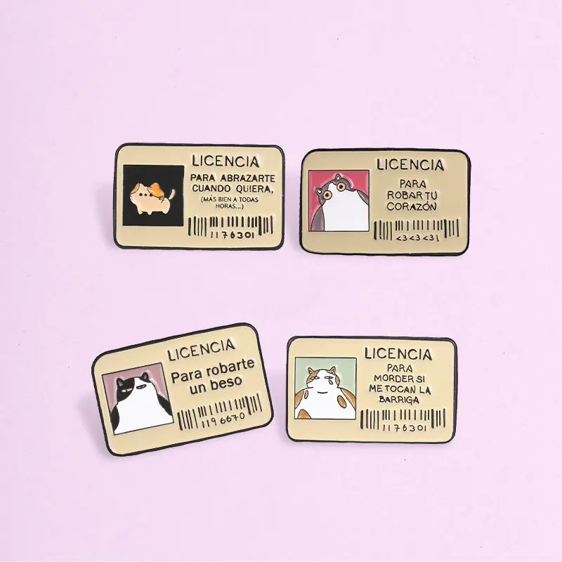New Style Spanish Cat ID Card Brooch Funny Cartoon Kitten License Badge Alloy Lapel Pins DIY Bag Clothes Hat Scarf T-shirt Jeans
