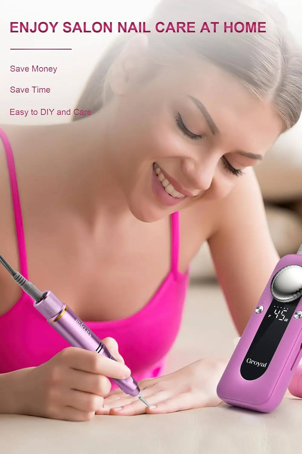 Profesjonalna bezprzewodowa elektryczna frezarka do paznokci, 45000 obr./min do paznokci żelowych akrylowych z 11-elementowym zestawem, różowa